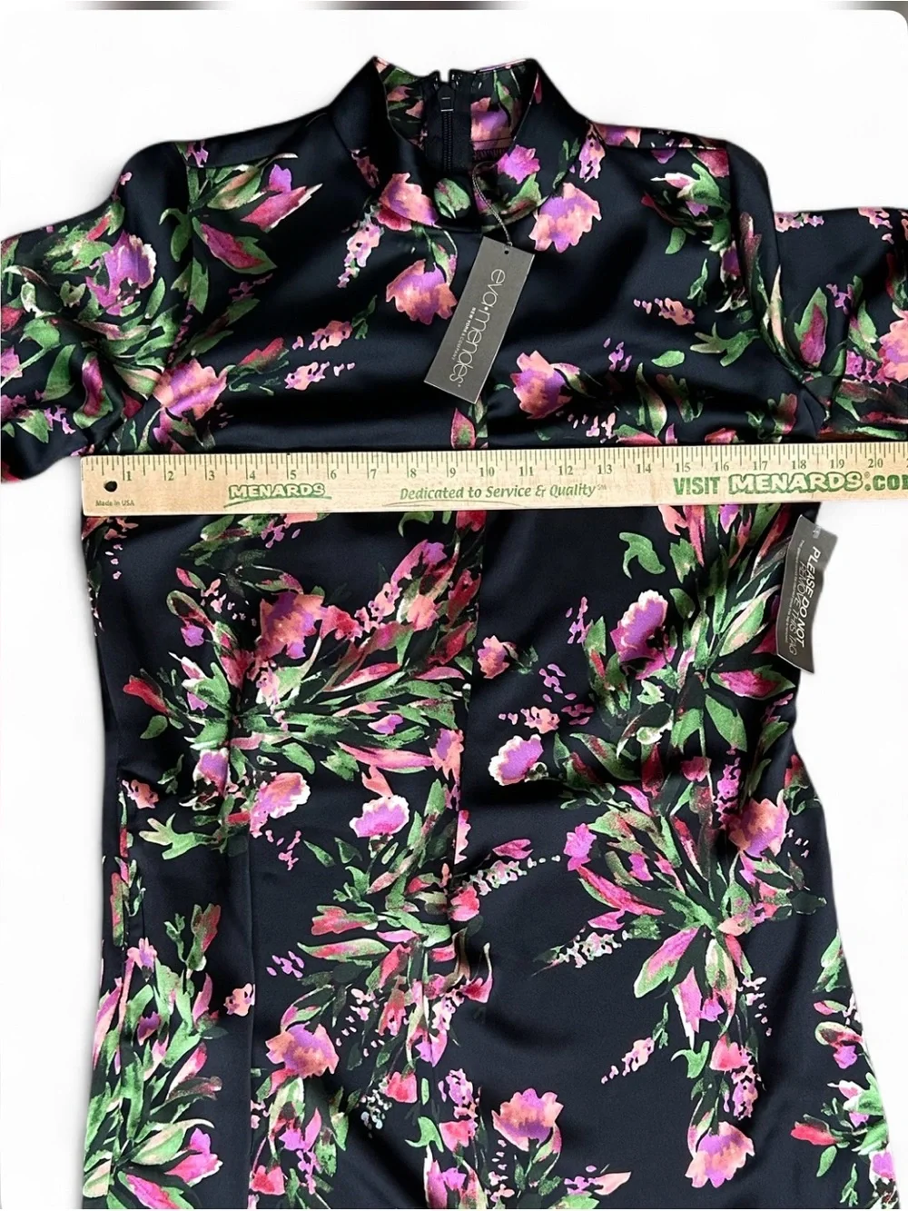Eva Mendez Black Floral Satin Shift Dress - Pink & Green Blooms Long Sleeves NWT